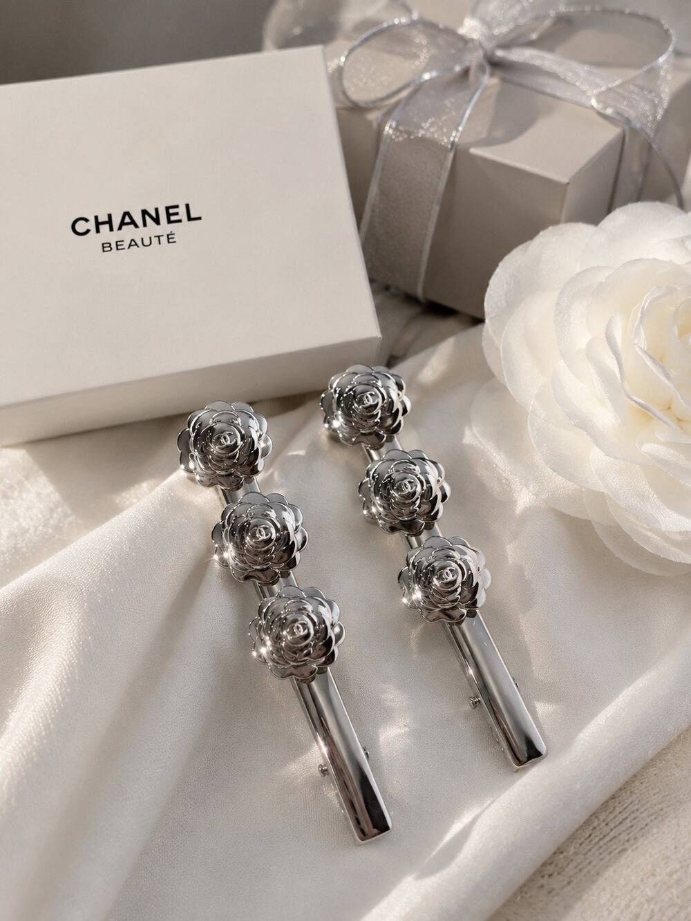 Chanel Beauté 2026 Limited Edition Silver Camellia Hairpin Set - GWP